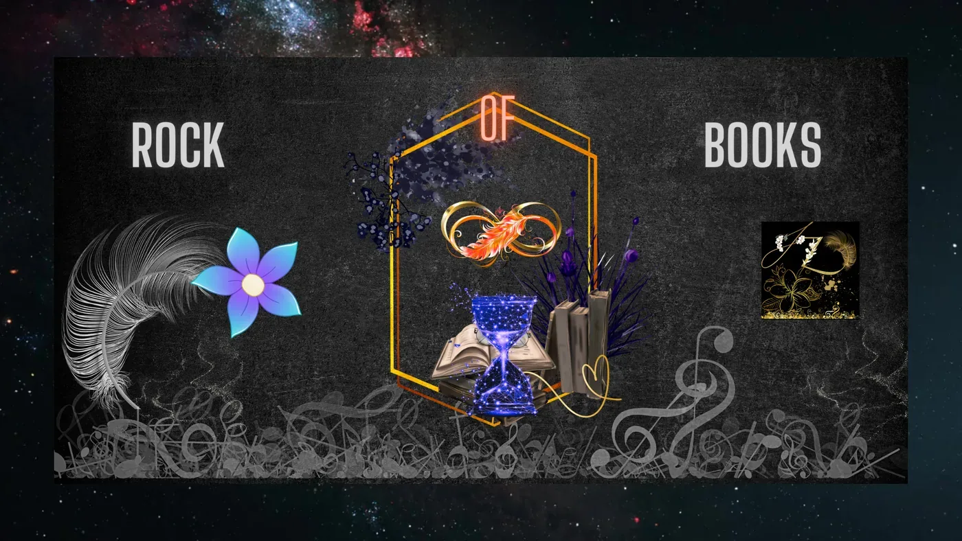 Rock of Books Banner mit Sanduhr, Büchern, Feder und Notenschlüsseln vor einem Sternenhimmel